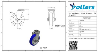 Rvs zwenkwiel, 125mm diameter, PU loopvlak, glijlager - Afbeelding 3