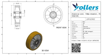 Aluminium wiel, 150mm diameter, PU loopvlak, kogellager - Afbeelding 3