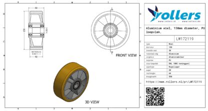Aluminium wiel, 150mm diameter, PU loopvlak, kogellager - Afbeelding 3