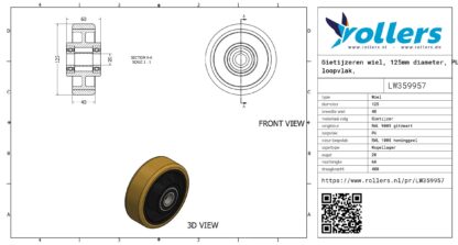 Gietijzeren wiel, 125mm diameter, PU loopvlak, kogellager - Afbeelding 3