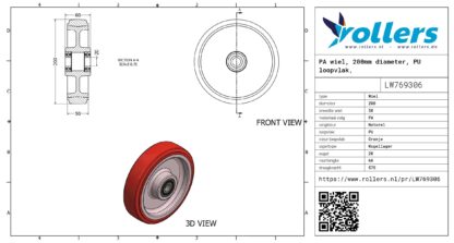 PA wiel, 200mm diameter, PU loopvlak, kogellager - Afbeelding 3