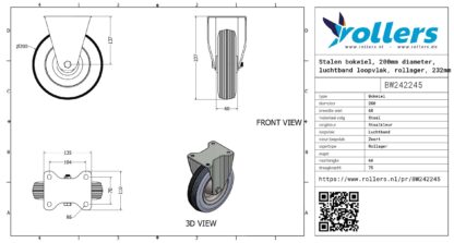 Stalen bokwiel, 200mm diameter, luchtband loopvlak, rollager, 232mm bouwhoogte - Afbeelding 2