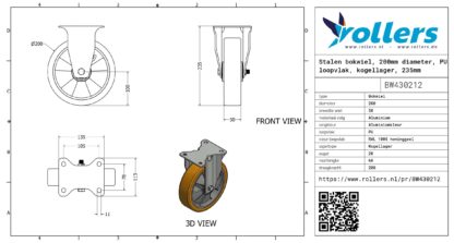 Stalen bokwiel, 200mm diameter, PU loopvlak, kogellager, 235mm bouwhoogte - Afbeelding 3