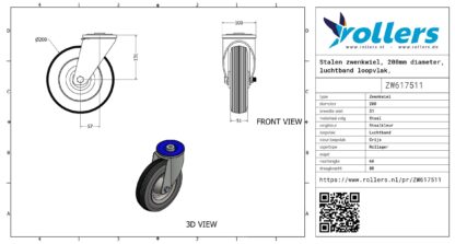 Stalen zwenkwiel, 200mm diameter, luchtband loopvlak, rollager - Afbeelding 2