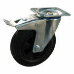 Stalen zwenkwiel, 200mm diameter, rubber loopvlak, glijlager, dubbele rem, naloop, ZW300127