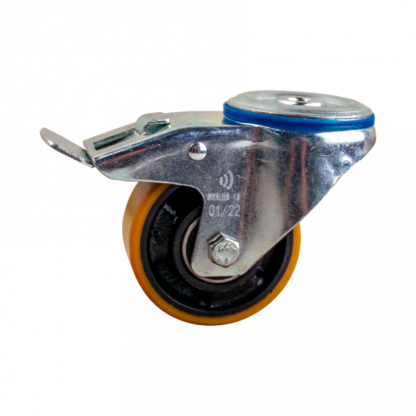 Stalen zwenkwiel, 80mm diameter, PU loopvlak, kogellager, dubbele rem, naloop
