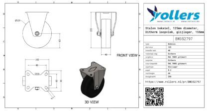 Stalen bokwiel, 125mm diameter, Ditherm loopvlak, glijlager, 155mm bouwhoogte - Afbeelding 3