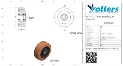 PA wiel, 125mm diameter, PU loopvlak, kogellager - Afbeelding 3