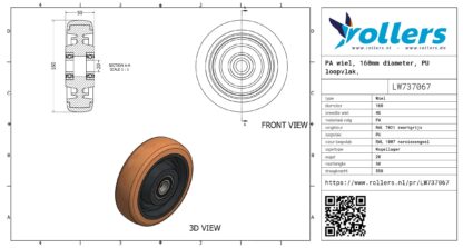 PA wiel, 160mm diameter, PU loopvlak, kogellager - Afbeelding 3