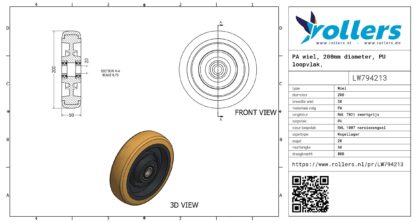 PA wiel, 200mm diameter, PU loopvlak, kogellager - Afbeelding 3