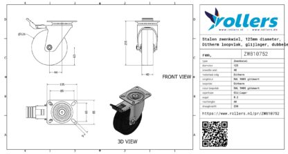 Stalen zwenkwiel, 125mm diameter, Ditherm loopvlak, glijlager, dubbele rem, naloop - Afbeelding 3