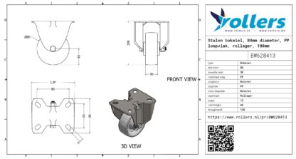 Stalen bokwiel, 80mm diameter, PP loopvlak, rollager, 108mm bouwhoogte - Afbeelding 3