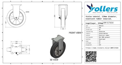 Stalen bokwiel, 250mm diameter, elastisch rubber loopvlak, kogellager, 299mm bouwhoogte - Afbeelding 3