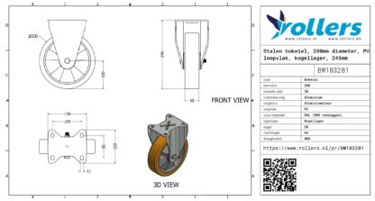 Stalen bokwiel, 200mm diameter, PU loopvlak, kogellager, 245mm bouwhoogte - Afbeelding 3