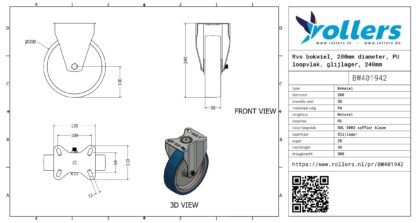 Rvs bokwiel, 200mm diameter, PU loopvlak, glijlager, 240mm bouwhoogte - Afbeelding 3