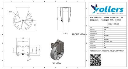 Rvs bokwiel, 200mm diameter, PA loopvlak, rollager RVS, 240mm bouwhoogte - Afbeelding 3