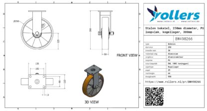Stalen bokwiel, 250mm diameter, PU loopvlak, kogellager, 300mm bouwhoogte - Afbeelding 3