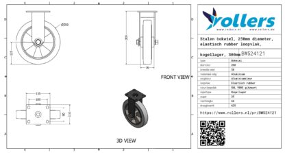 Stalen bokwiel, 250mm diameter, elastisch rubber loopvlak, kogellager, 300mm bouwhoogte - Afbeelding 3