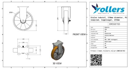 Stalen bokwiel, 250mm diameter, PU loopvlak, kogellager, 299mm bouwhoogte - Afbeelding 2