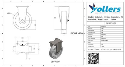 Stalen bokwiel, 200mm diameter, PA loopvlak, kogellager, 248mm bouwhoogte - Afbeelding 3