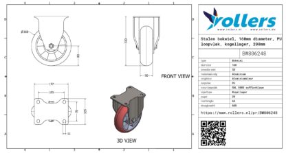 Stalen bokwiel, 160mm diameter, PU loopvlak, kogellager, 200mm bouwhoogte - Afbeelding 3