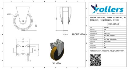 Stalen bokwiel, 200mm diameter, PU loopvlak, kogellager, 245mm bouwhoogte - Afbeelding 3