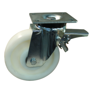 Stalen zwenkwiel, 200mm diameter, PA loopvlak, glijlager, dubbele rem, voorloop, ZW988820