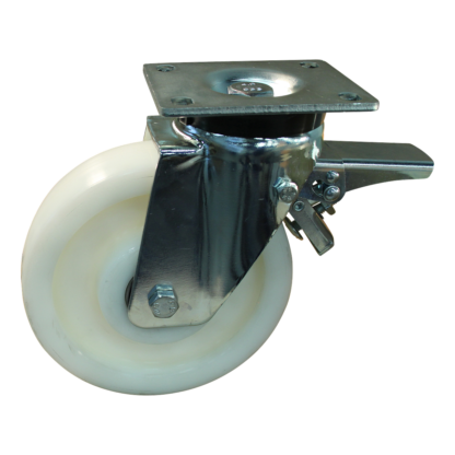 Stalen zwenkwiel, 200mm diameter, PA loopvlak, glijlager, dubbele rem, voorloop, ZW988820