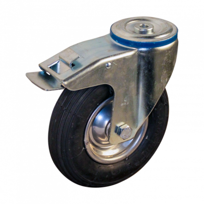Stalen zwenkwiel, 200mm diameter, luchtband loopvlak, rollager, dubbele rem, naloop
