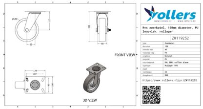 Rvs zwenkwiel, 150mm diameter, PU loopvlak, rollager RVS - Afbeelding 3