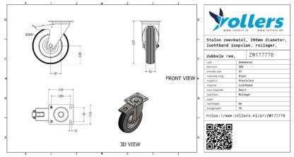 Stalen zwenkwiel, 200mm diameter, luchtband loopvlak, rollager, dubbele rem, naloop - Afbeelding 2