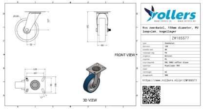 Rvs zwenkwiel, 150mm diameter, PU loopvlak, kogellager RVS - Afbeelding 3