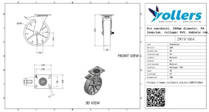 Rvs zwenkwiel, 200mm diameter, PA loopvlak, rollager RVS, dubbele rem, naloop - Afbeelding 3