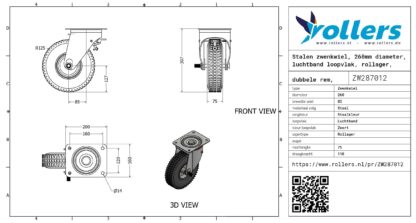 Stalen zwenkwiel, 260mm diameter, luchtband loopvlak, rollager, dubbele rem, voorloop - Afbeelding 3