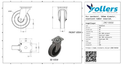 Rvs zwenkwiel, 200mm diameter, elastisch rubber loopvlak, kogellager RVS - Afbeelding 3