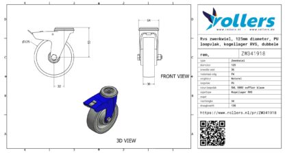 Rvs zwenkwiel, 125mm diameter, PU loopvlak, kogellager RVS, dubbele rem, naloop - Afbeelding 3