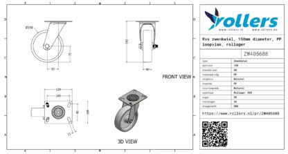 Rvs zwenkwiel, 150mm diameter, PP loopvlak, rollager RVS - Afbeelding 3