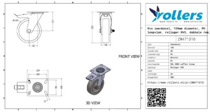 Rvs zwenkwiel, 150mm diameter, PU loopvlak, rollager RVS, dubbele rem, naloop - Afbeelding 3