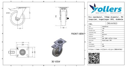 Rvs zwenkwiel, 150mm diameter, PU loopvlak, kogellager RVS, dubbele rem, naloop - Afbeelding 3