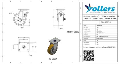 Stalen zwenkwiel, 125mm diameter, PU loopvlak, kogellager, dubbele rem, voorloop - Afbeelding 3