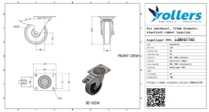 Rvs zwenkwiel, 125mm diameter, elastisch rubber loopvlak, kogellager RVS, dubbele rem, naloop - Afbeelding 2