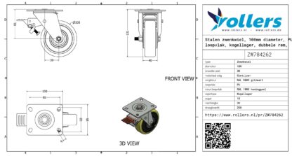 Stalen zwenkwiel, 100mm diameter, PU loopvlak, kogellager, dubbele rem, voorloop - Afbeelding 3