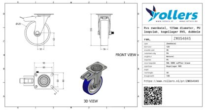 Rvs zwenkwiel, 125mm diameter, PU loopvlak, kogellager RVS, dubbele rem, naloop - Afbeelding 3