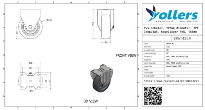 Rvs bokwiel, 125mm diameter, TPE loopvlak, kogellager RVS, 155mm bouwhoogte - Afbeelding 3