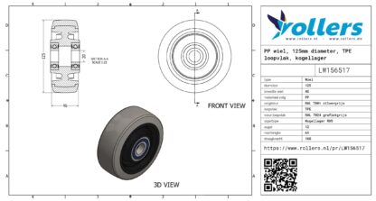 PP wiel, 125mm diameter, TPE loopvlak, kogellager RVS - Afbeelding 3