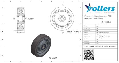 PP wiel, 160mm diameter, TPE loopvlak, kogellager RVS - Afbeelding 3