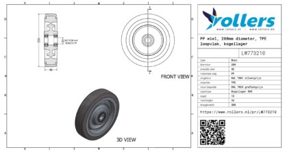 PP wiel, 200mm diameter, TPE loopvlak, kogellager RVS - Afbeelding 3
