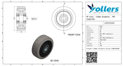 PP wiel, 125mm diameter, TPE loopvlak, kogellager - Afbeelding 3