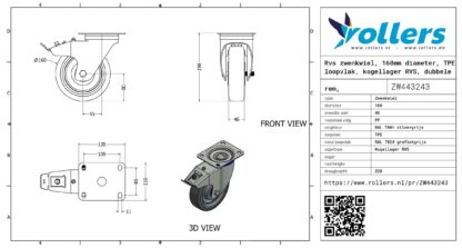 Rvs zwenkwiel, 160mm diameter, TPE loopvlak, kogellager RVS, dubbele rem, naloop - Afbeelding 3