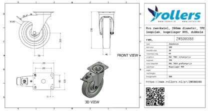 Rvs zwenkwiel, 200mm diameter, TPE loopvlak, kogellager RVS, dubbele rem, naloop - Afbeelding 3